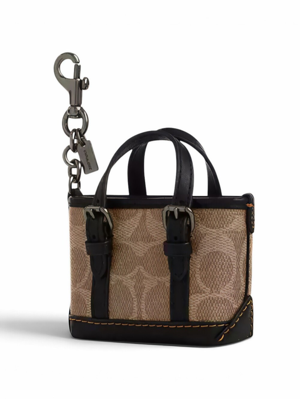 Coach Beige Signature Mini Tote Keychain with Black Trim